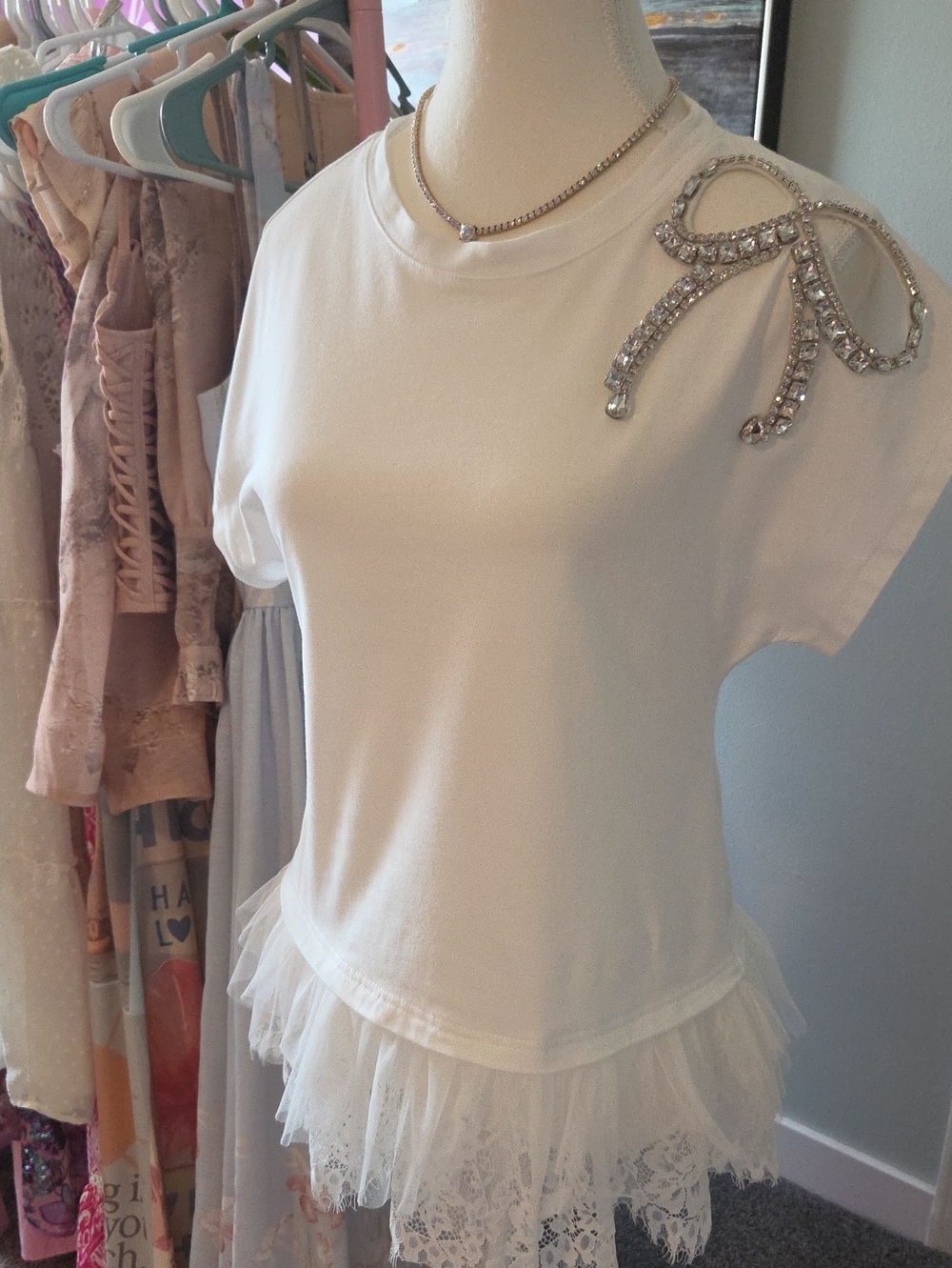 White Short Sleeve Tee with Lace Hem and Rhinestone Bow Accent - Picture 10 of 10